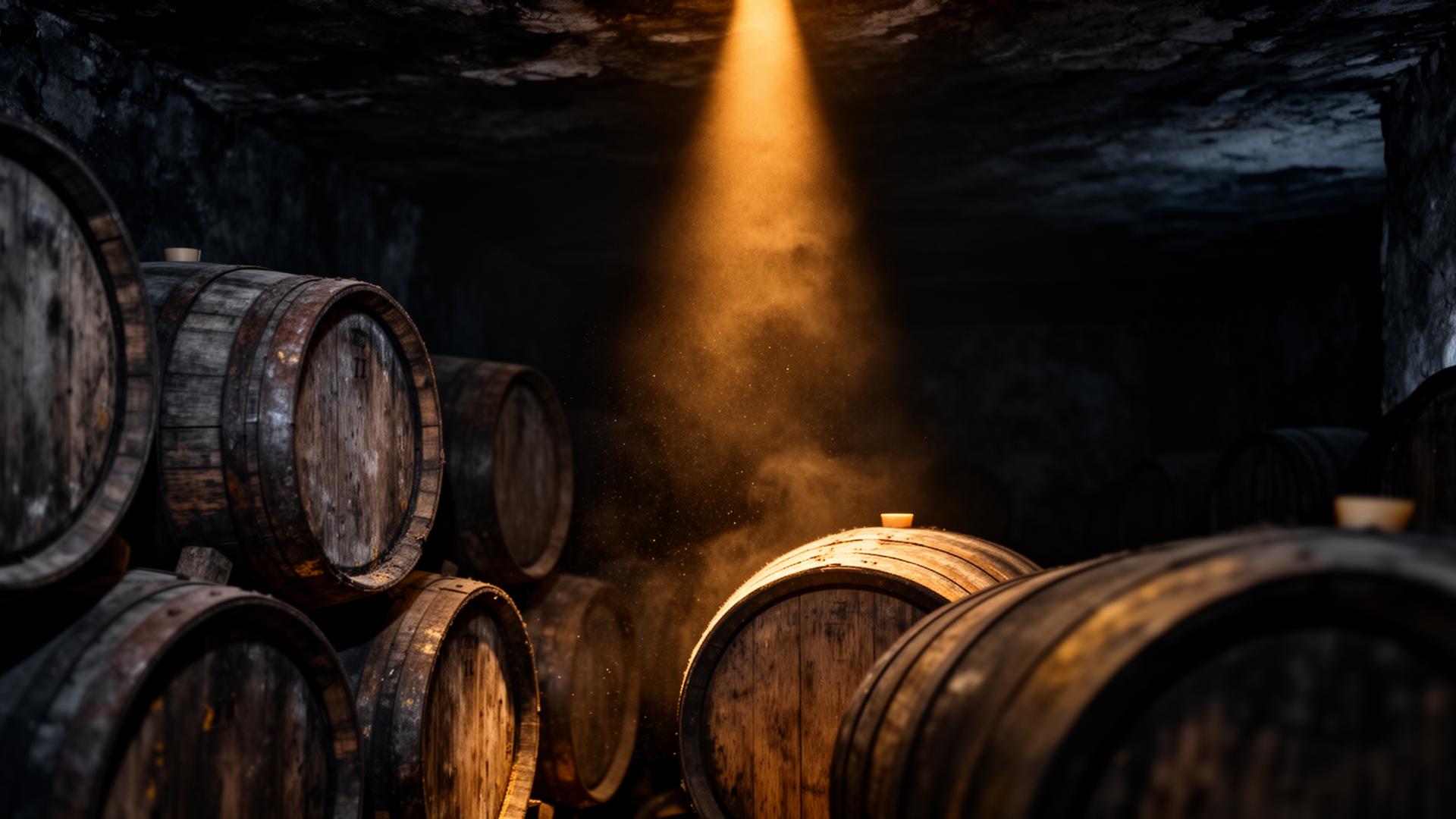 Aging oak barrels in a cellar